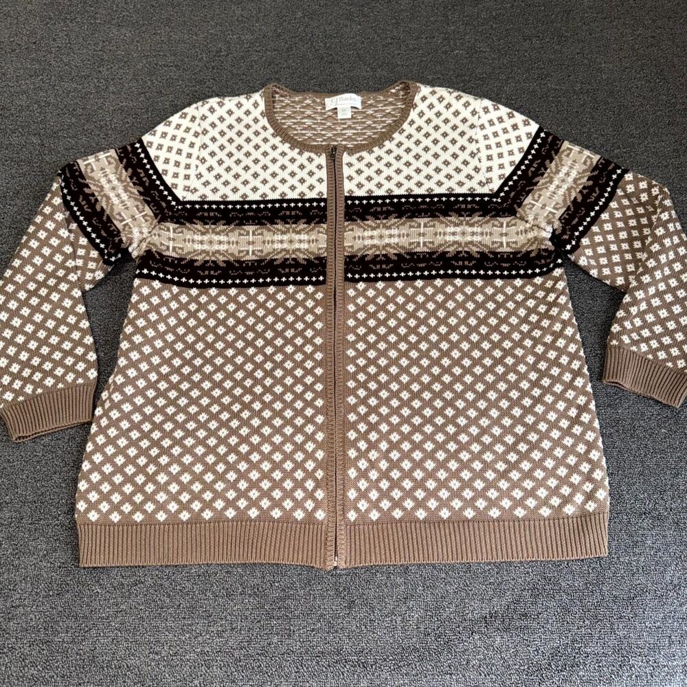C.J. Banks VTG Y2K Cardigan Sweater Women’s Plus Sz 2X Tan Brown White Zip Front
